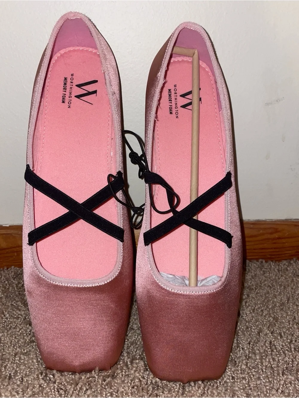 Worthington Rose-Pink Velvet Ballet Flats with Black Cross Straps